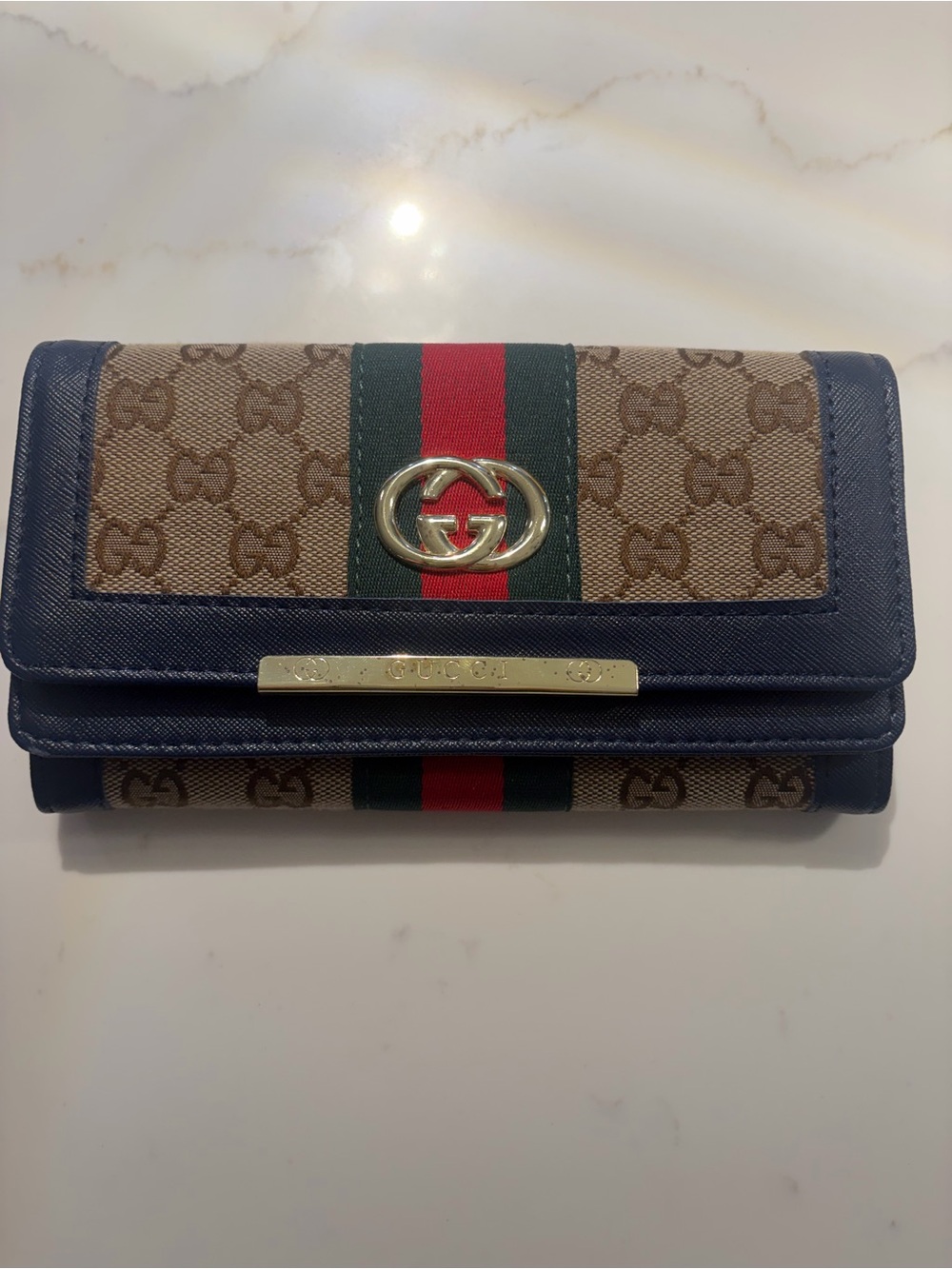 Gucci Beige GG Canvas Wallet with Navy Trim and Green-Red Web